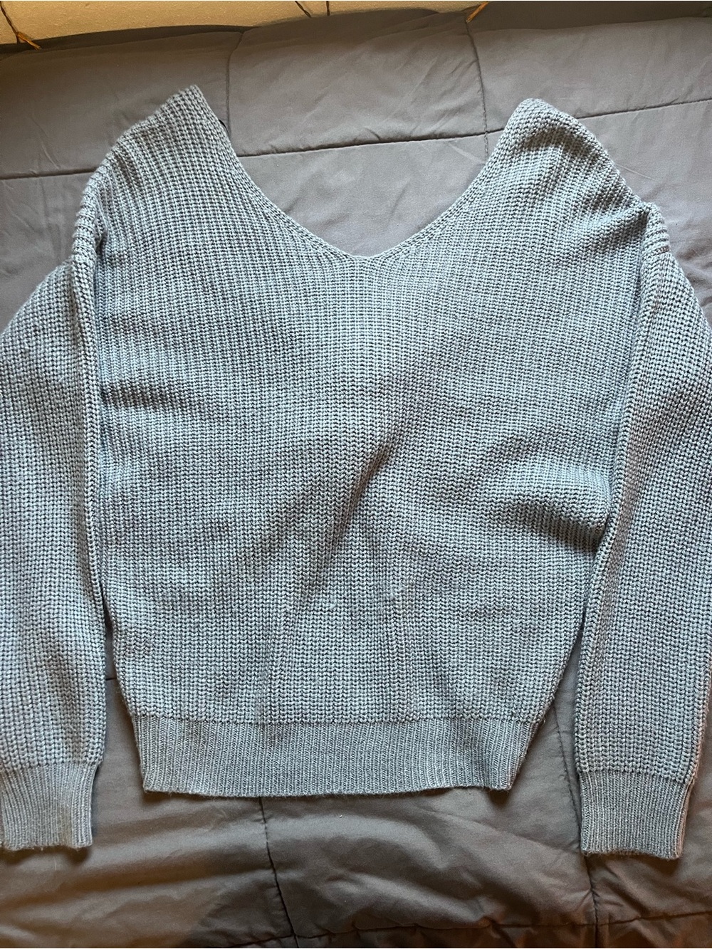 Blue-grey V Neck Sweater With Twisted Back